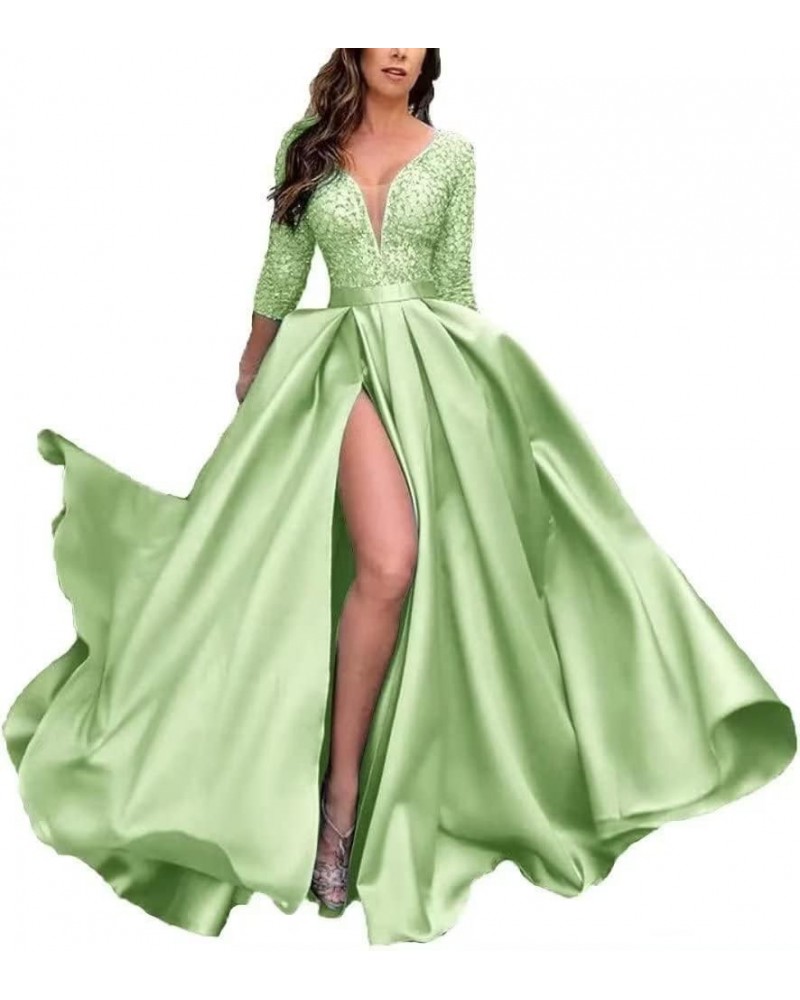 V Neck Prom Dresses Long for Women Satin Long Gown with Pocket 3/4 Sleeves Lace Formal Evening Party Gowns with Slit Mint $34...