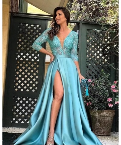 V Neck Prom Dresses Long for Women Satin Long Gown with Pocket 3/4 Sleeves Lace Formal Evening Party Gowns with Slit Mint $34...