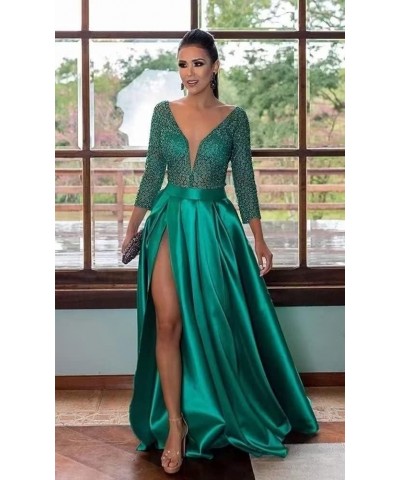 V Neck Prom Dresses Long for Women Satin Long Gown with Pocket 3/4 Sleeves Lace Formal Evening Party Gowns with Slit Mint $34...