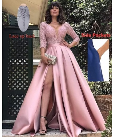 V Neck Prom Dresses Long for Women Satin Long Gown with Pocket 3/4 Sleeves Lace Formal Evening Party Gowns with Slit Mint $34...