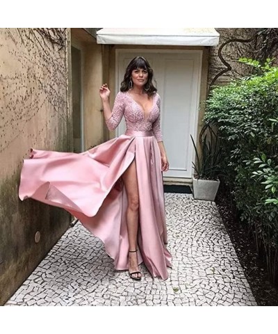 V Neck Prom Dresses Long for Women Satin Long Gown with Pocket 3/4 Sleeves Lace Formal Evening Party Gowns with Slit Mint $34...