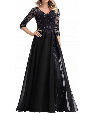 Beaded Appliques Mother of The Bride Dresses with Sleeves Chiffon Long Formal Dresses for Wedding Guest Black $37.50 Dresses