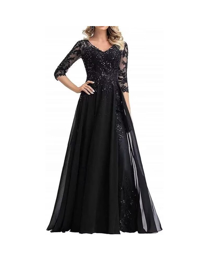 Beaded Appliques Mother of The Bride Dresses with Sleeves Chiffon Long Formal Dresses for Wedding Guest Black $37.50 Dresses