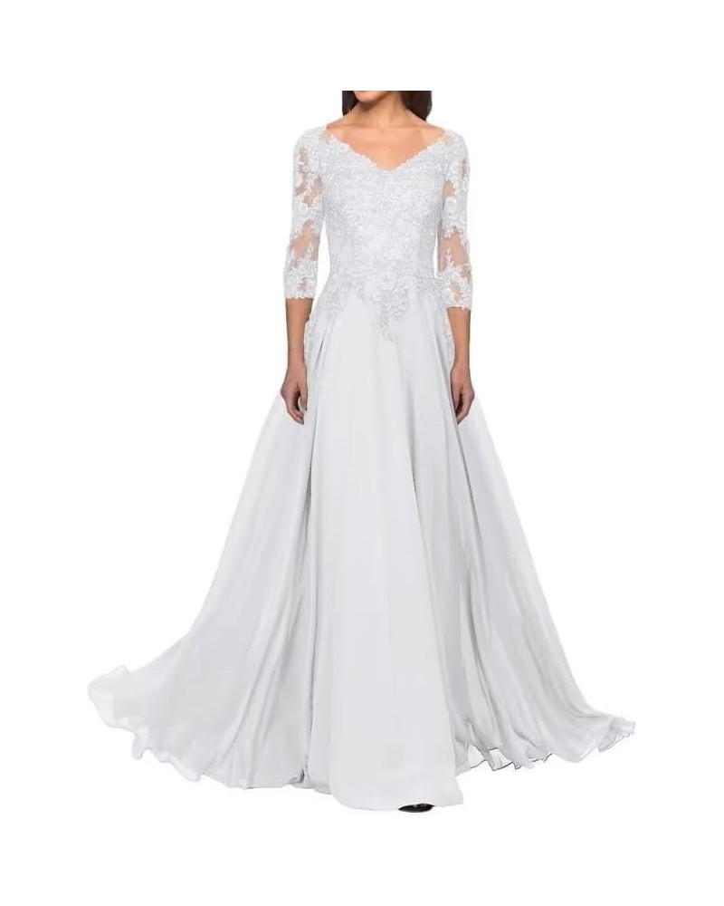 3/4 Sleeve Mother of The Bride Dresses Long Laces Appliques Chiffon Formal Evening Gowns for Wedding Guest White $42.83 Dresses