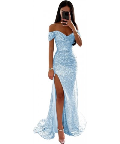 Off The Shoulder Mermaid Prom Dresses Long Ball Gown for Women Sparkly Sequin Formal Party Dress with Slit Light Blue $24.60 ...