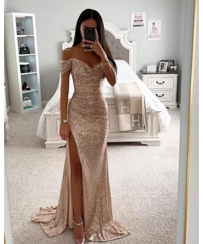 Off The Shoulder Mermaid Prom Dresses Long Ball Gown for Women Sparkly Sequin Formal Party Dress with Slit Light Blue $24.60 ...