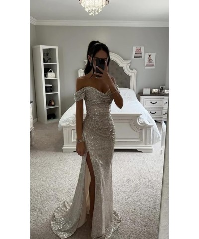 Off The Shoulder Mermaid Prom Dresses Long Ball Gown for Women Sparkly Sequin Formal Party Dress with Slit Light Blue $24.60 ...