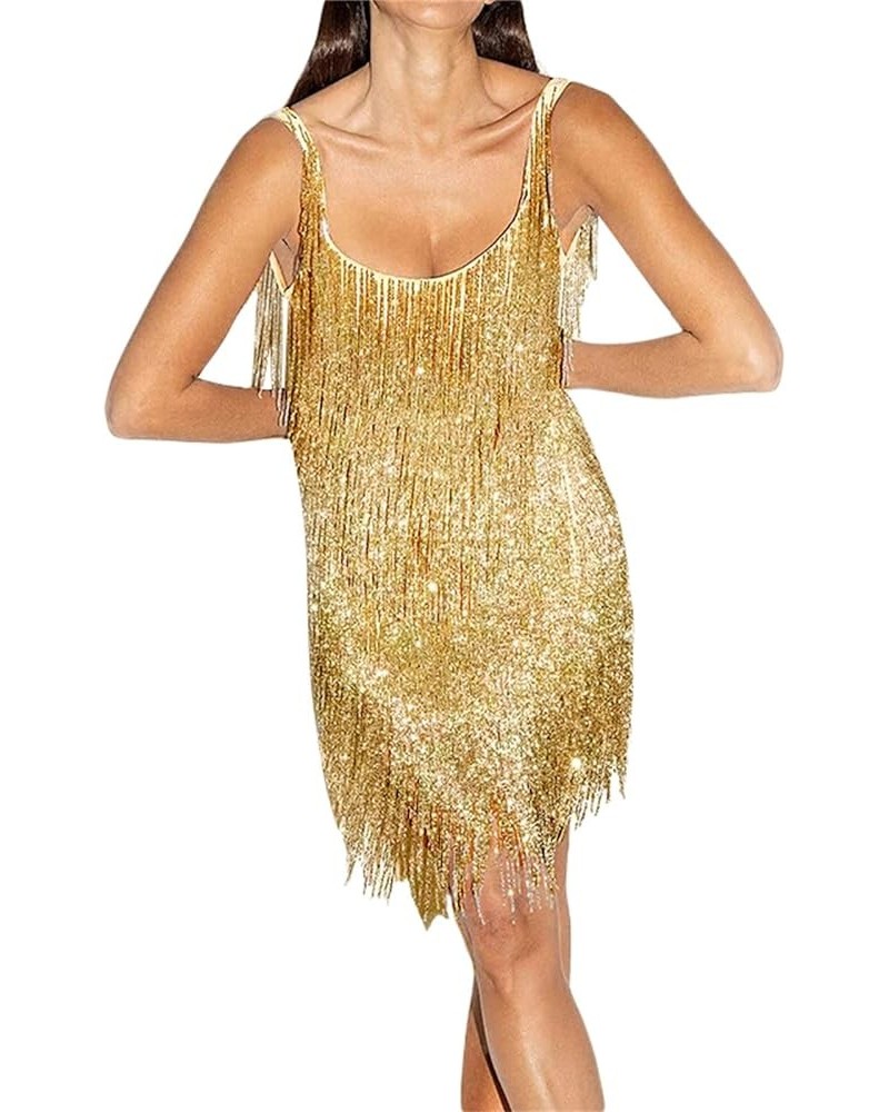 Women Sexy Fringe Mini Dress Sleeveless Tassel Dress Summer Sexy Concert Party Club Night Shiny Dress Gold $13.22 Dresses