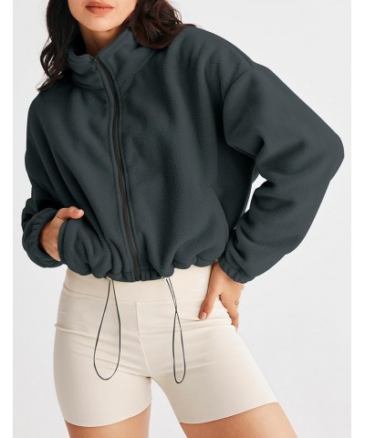 Womens Long Sleeve Sherpa Fleece Crop Jacket Full Zip Stand Collar Coat with Pocket Darkgrey $19.32 Jackets