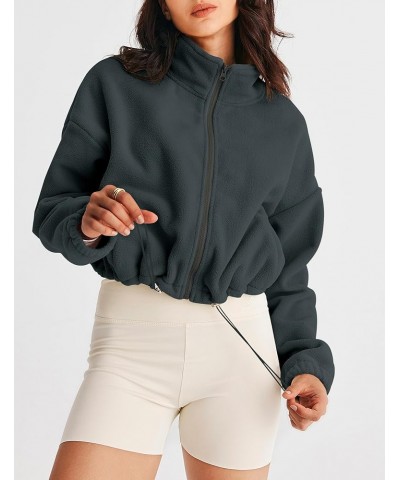 Womens Long Sleeve Sherpa Fleece Crop Jacket Full Zip Stand Collar Coat with Pocket Darkgrey $19.32 Jackets