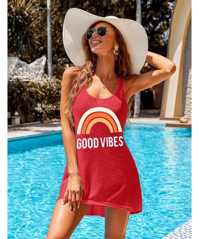 Women's Sleeveless Swimwear Coverups T-Shirt Beach Dress Tank Bikini Cover Up with Print A-wind Red $12.99 Swimsuits