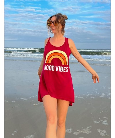 Women's Sleeveless Swimwear Coverups T-Shirt Beach Dress Tank Bikini Cover Up with Print A-wind Red $12.99 Swimsuits