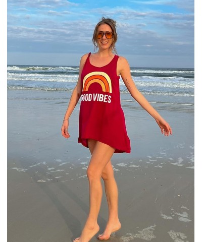 Women's Sleeveless Swimwear Coverups T-Shirt Beach Dress Tank Bikini Cover Up with Print A-wind Red $12.99 Swimsuits