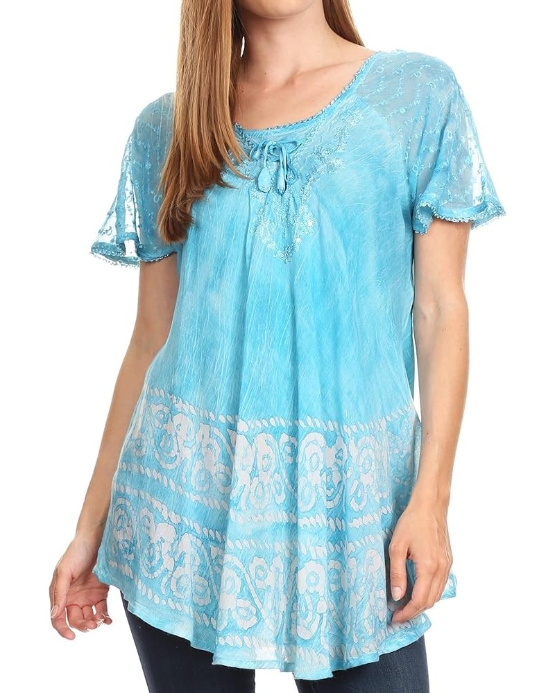 Marzia Women's Loose Fit Short Sleeve Casual Tie Dye Batik Blouse Top Tunic Turquoise $17.66 Blouses