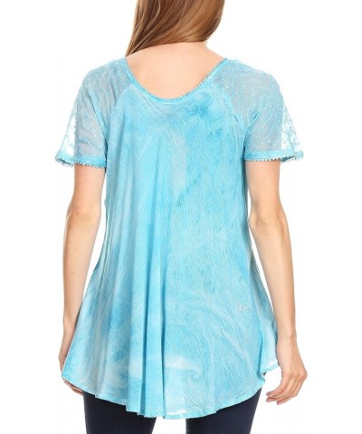 Marzia Women's Loose Fit Short Sleeve Casual Tie Dye Batik Blouse Top Tunic Turquoise $17.66 Blouses