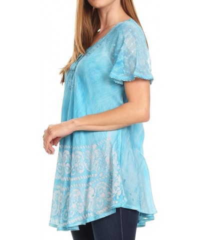 Marzia Women's Loose Fit Short Sleeve Casual Tie Dye Batik Blouse Top Tunic Turquoise $17.66 Blouses