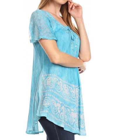 Marzia Women's Loose Fit Short Sleeve Casual Tie Dye Batik Blouse Top Tunic Turquoise $17.66 Blouses