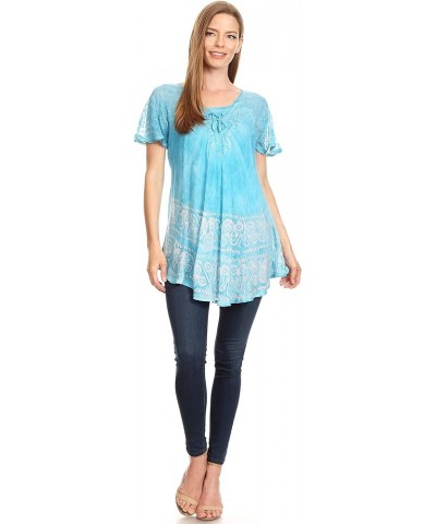 Marzia Women's Loose Fit Short Sleeve Casual Tie Dye Batik Blouse Top Tunic Turquoise $17.66 Blouses