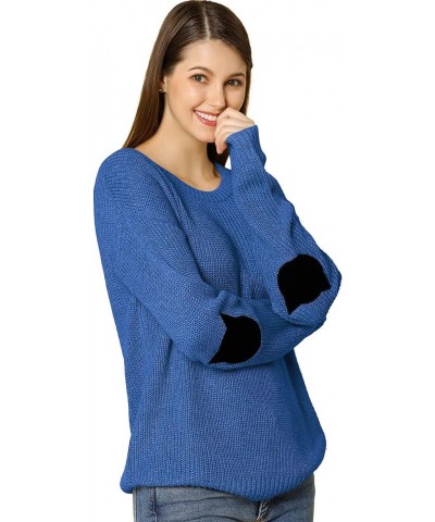 Women's Elbow Patch Long Sleeve Cat Sweaters Drop Shoulder Pullover Jumper Blue $21.07 Sweaters