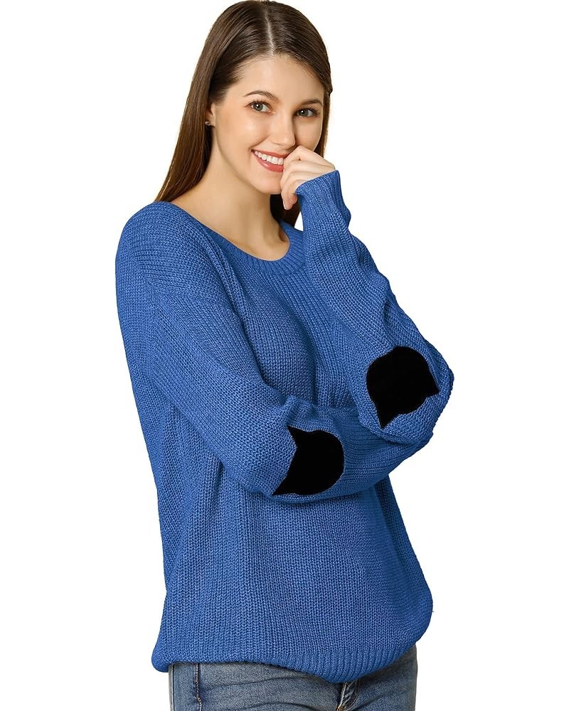 Women's Elbow Patch Long Sleeve Cat Sweaters Drop Shoulder Pullover Jumper Blue $21.07 Sweaters