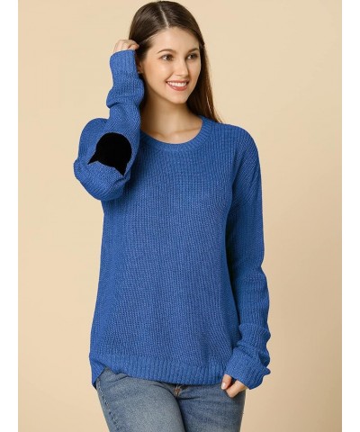 Women's Elbow Patch Long Sleeve Cat Sweaters Drop Shoulder Pullover Jumper Blue $21.07 Sweaters