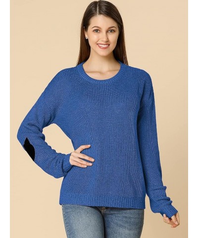 Women's Elbow Patch Long Sleeve Cat Sweaters Drop Shoulder Pullover Jumper Blue $21.07 Sweaters