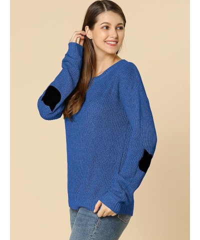 Women's Elbow Patch Long Sleeve Cat Sweaters Drop Shoulder Pullover Jumper Blue $21.07 Sweaters