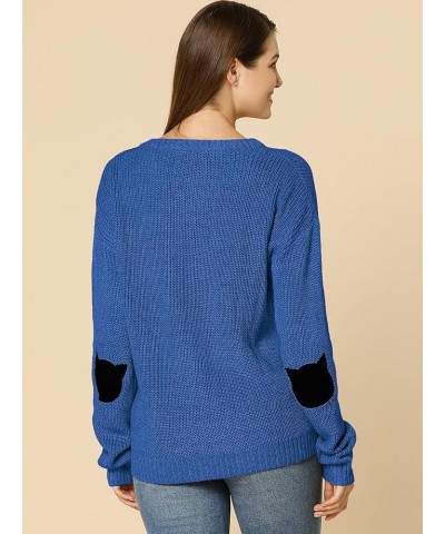 Women's Elbow Patch Long Sleeve Cat Sweaters Drop Shoulder Pullover Jumper Blue $21.07 Sweaters