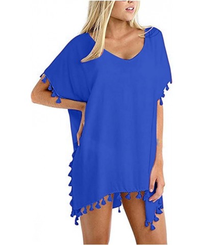 Womens Sleeve Coverup Top Swimsuit Micro Bikini Coverup for Women Chiffon Beach Fringe Hawaiian Coverup C-378 Royal Blue $10....