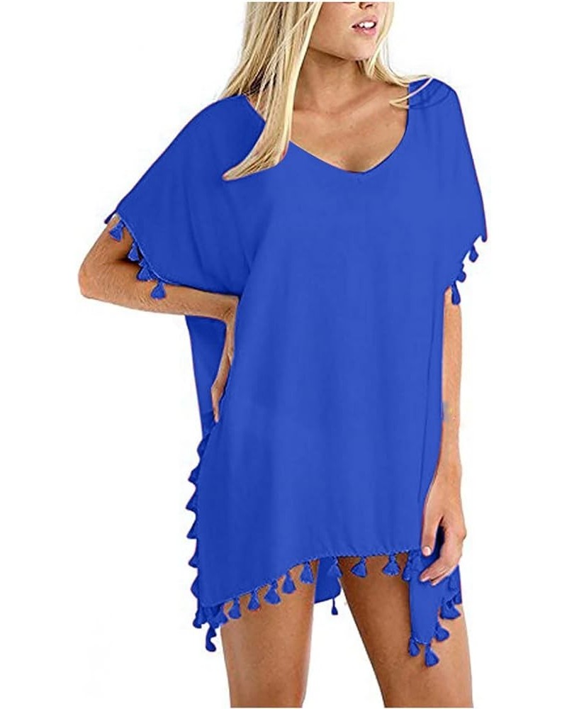 Womens Sleeve Coverup Top Swimsuit Micro Bikini Coverup for Women Chiffon Beach Fringe Hawaiian Coverup C-378 Royal Blue $10....