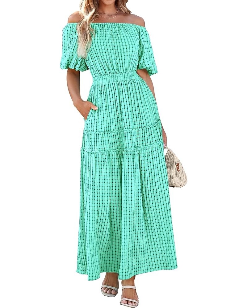 Off The Shoulder Flowy Maxi Dress for Women 2024 Summer Casual Puff Short Sleeve Smocked Ruffle Beach Long Dresses Green $16....