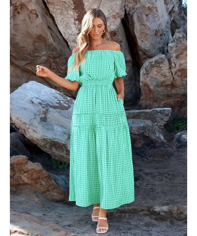 Off The Shoulder Flowy Maxi Dress for Women 2024 Summer Casual Puff Short Sleeve Smocked Ruffle Beach Long Dresses Green $16....