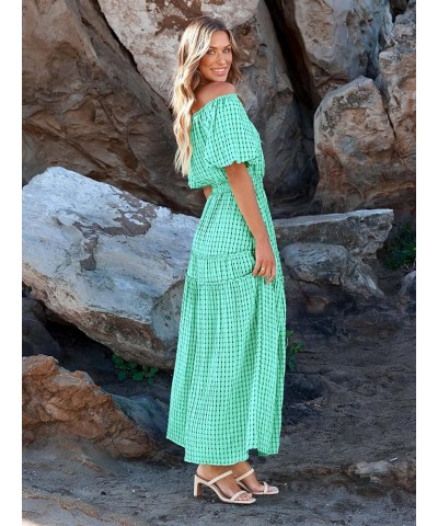 Off The Shoulder Flowy Maxi Dress for Women 2024 Summer Casual Puff Short Sleeve Smocked Ruffle Beach Long Dresses Green $16....