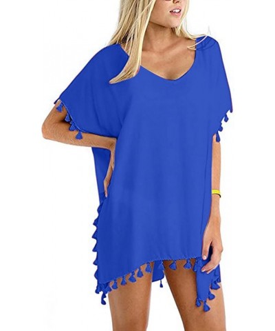 Womens Sleeve Coverup Top Swimsuit Micro Bikini Coverup for Women Chiffon Beach Fringe Hawaiian Coverup C-378 Royal Blue $10....