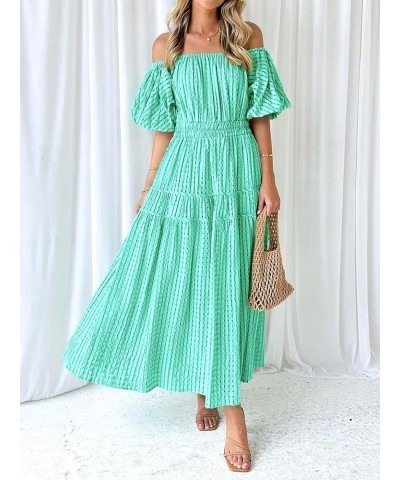 Off The Shoulder Flowy Maxi Dress for Women 2024 Summer Casual Puff Short Sleeve Smocked Ruffle Beach Long Dresses Green $16....