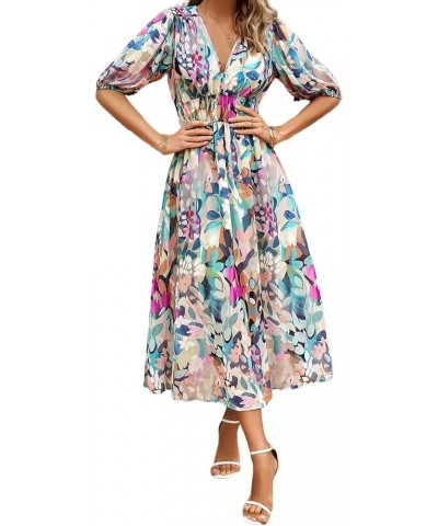 Women's Boho Floral Print Square Neck Beach Party Flowy Ruffle Midi Dress F-green $17.33 Dresses