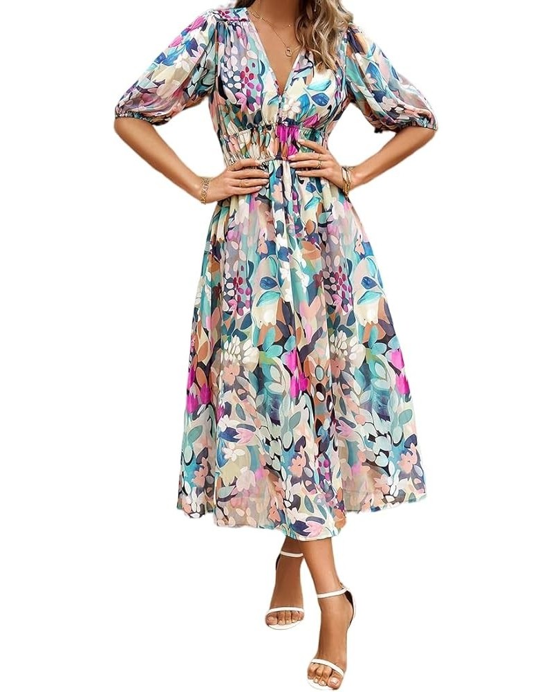 Women's Boho Floral Print Square Neck Beach Party Flowy Ruffle Midi Dress F-green $17.33 Dresses