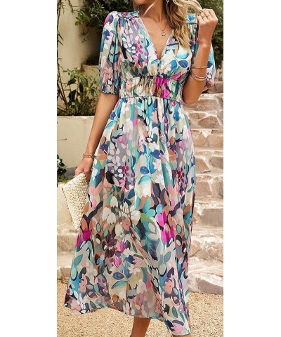 Women's Boho Floral Print Square Neck Beach Party Flowy Ruffle Midi Dress F-green $17.33 Dresses