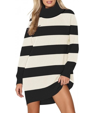 Women's 2023 Oversized Sweater Dresses with Pockets Turtleneck Long Sleeve Ribbed Pullover Knit Stripe Tops Black and White $...