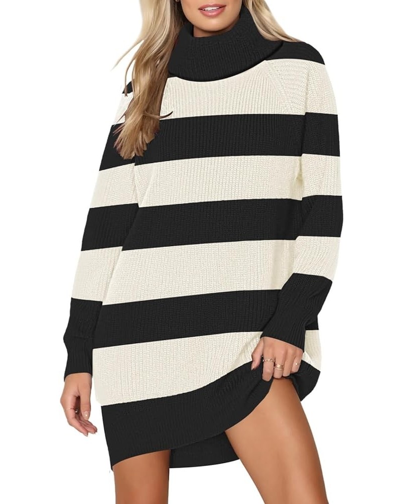 Women's 2023 Oversized Sweater Dresses with Pockets Turtleneck Long Sleeve Ribbed Pullover Knit Stripe Tops Black and White $...