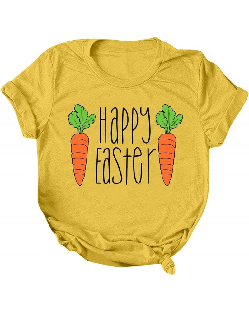 Happy Easter Shirts for Women Funny Cute Bunny Graphic Tees Short Sleeve Crewneck Summer Holiday Tops Pullover F-yellow $4.54...