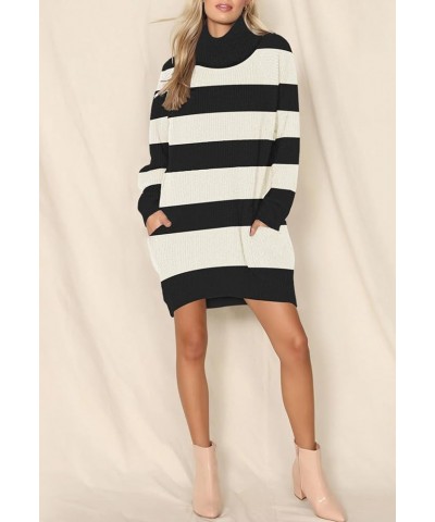 Women's 2023 Oversized Sweater Dresses with Pockets Turtleneck Long Sleeve Ribbed Pullover Knit Stripe Tops Black and White $...