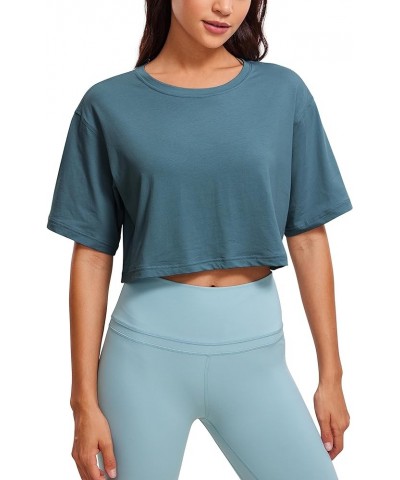 Women's Pima Cotton Workout Crop Tops Short Sleeve Yoga Shirts Casual Athletic Running T-Shirts Slate Blue $16.24 Activewear