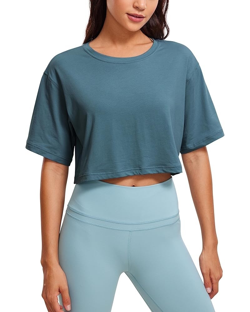 Women's Pima Cotton Workout Crop Tops Short Sleeve Yoga Shirts Casual Athletic Running T-Shirts Slate Blue $16.24 Activewear