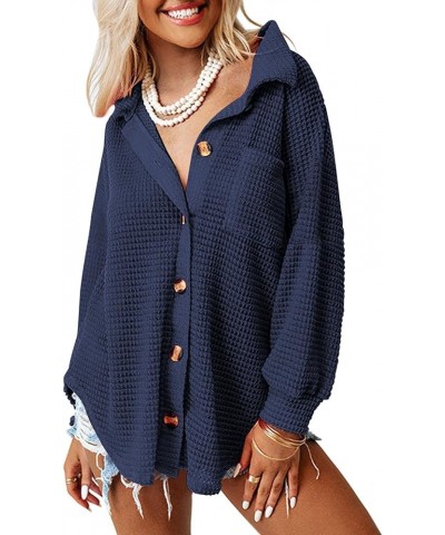 Womens Shackets Waffle Knit Casual Jackets Button Down Flannel Shirts Trendy Tops Fall Clothes 2024 Fashion Outfits Navyblue ...