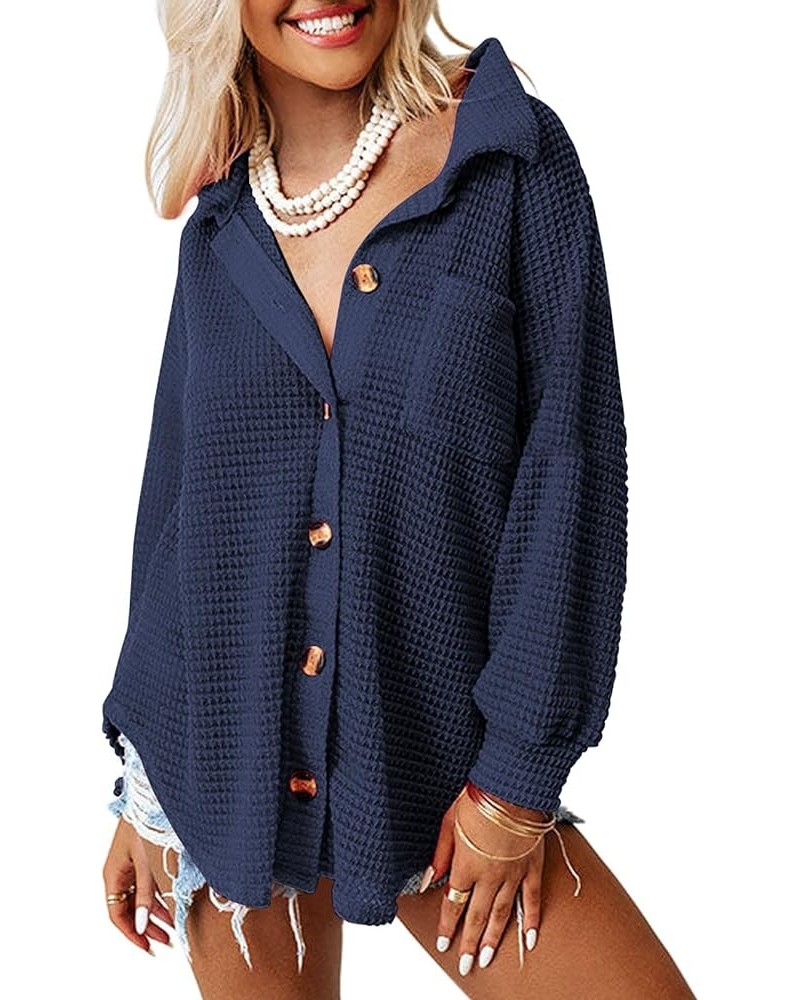 Womens Shackets Waffle Knit Casual Jackets Button Down Flannel Shirts Trendy Tops Fall Clothes 2024 Fashion Outfits Navyblue ...