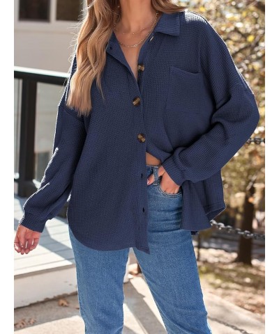 Womens Shackets Waffle Knit Casual Jackets Button Down Flannel Shirts Trendy Tops Fall Clothes 2024 Fashion Outfits Navyblue ...