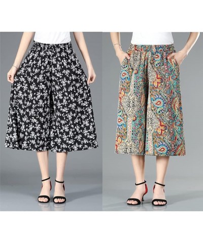 Culottes for Women - Gaucho Pants for Women Wide Leg Chiffon Culottes Knee Length with High Elasticated Waist (H) B $10.07 Pants