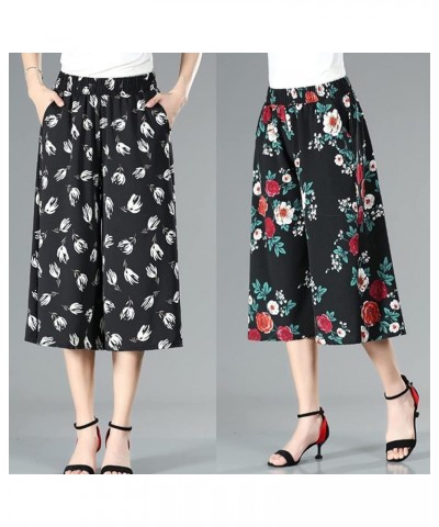 Culottes for Women - Gaucho Pants for Women Wide Leg Chiffon Culottes Knee Length with High Elasticated Waist (H) B $10.07 Pants