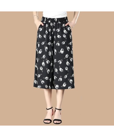 Culottes for Women - Gaucho Pants for Women Wide Leg Chiffon Culottes Knee Length with High Elasticated Waist (H) B $10.07 Pants